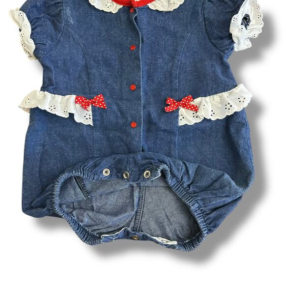 Vintage Buster Brown 12M Baby Romper Denim Puff Sleeve Lace Trim Red Bow USA - Picture 6 of 8
